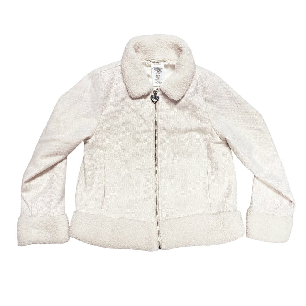 DISNEY Princess Cream Faux Shearling Metallic Knit Bomber Jacket Size Girls 9/10